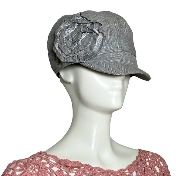 Vintage Y2K Grey 3D Flower Newsboy Cap Hat 100% Cotton D&Y Elastafit Stretch - Picture 3 of 9
